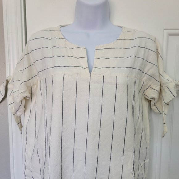 Madewell Linen Blend Striped Short Tie Sleeve Shift Dress Ivory Black Size XS - Picture 2 of 10